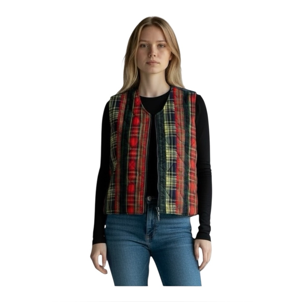 Vintage 90’s Susan Bristol Quilted Patchwork Denim Plaid Zip Up Cabincore Vest